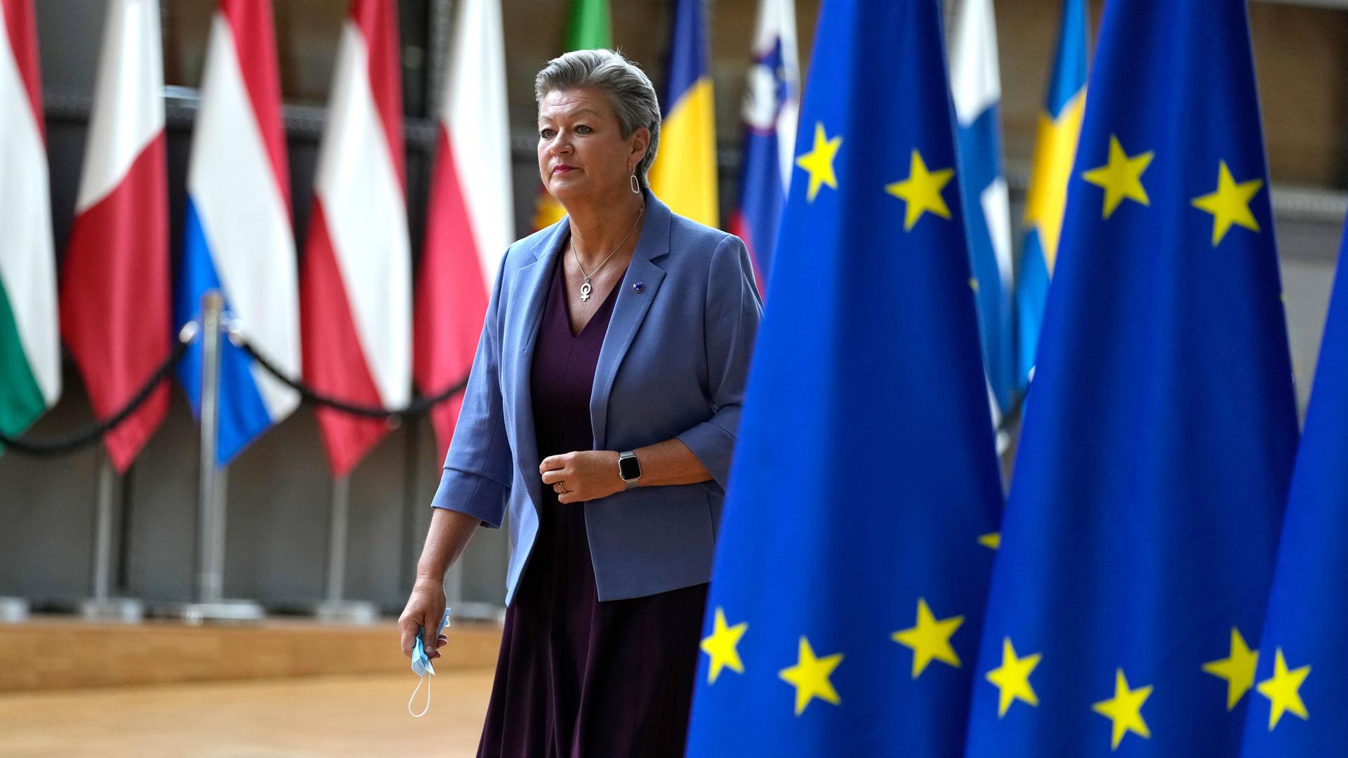 European Commissioner for Home Affairs Ylva Johansson arrives for a meeting of EU justice and interior ministers at the European Council building in Brussels, Tuesday, Aug. 31, 2021. 