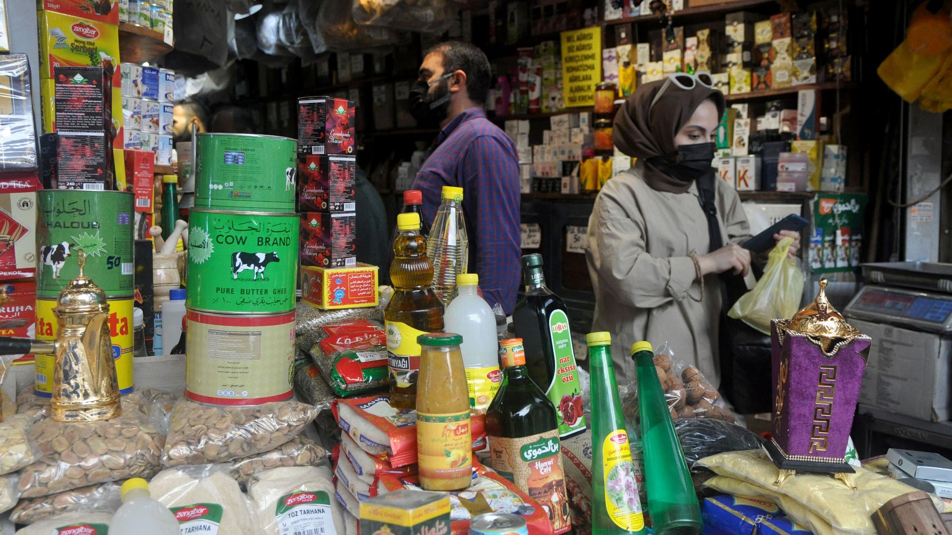 A Syrian grocery shop in Istanbul sells brands that are familiar to Syrian customers, such as canned meats and condensed milk. 