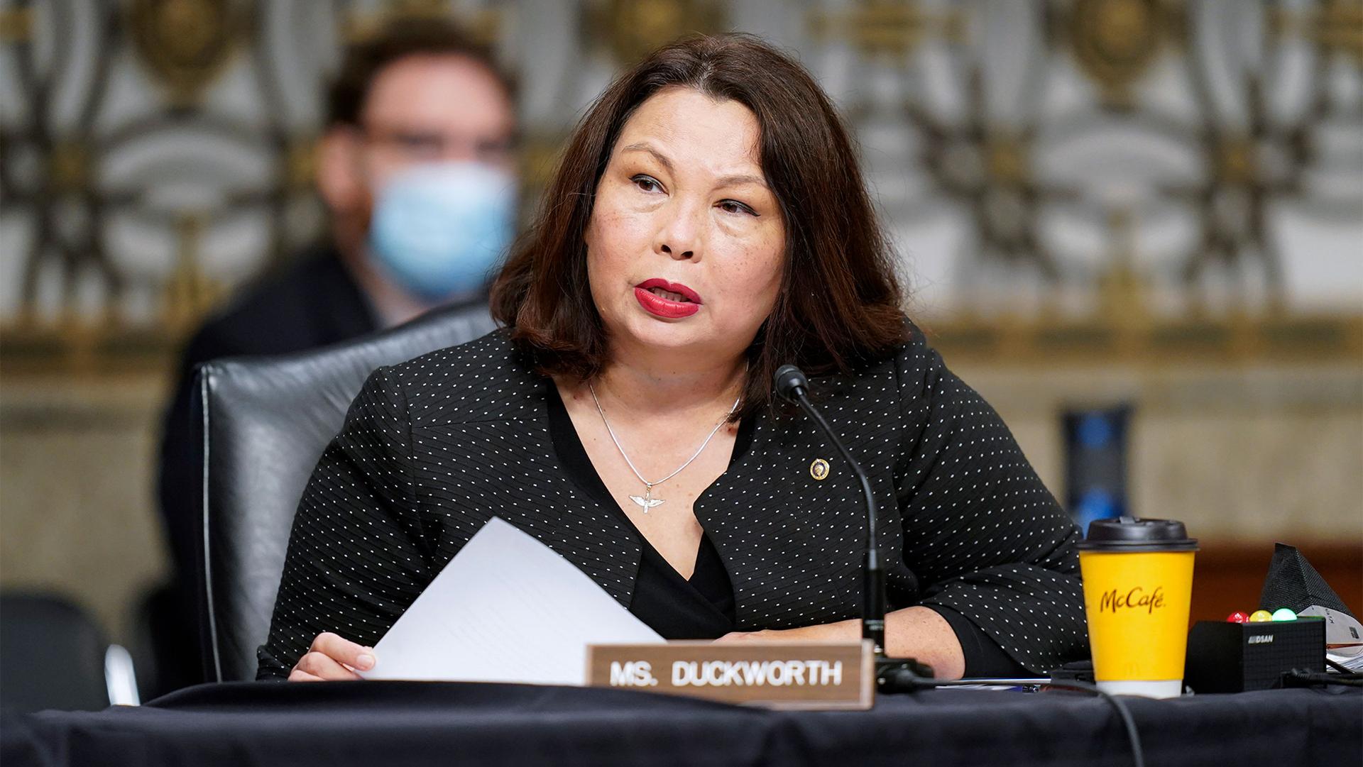 Democratic Senator Tammy Duckworth, from Illinois, speaks during a Senate Armed Services Committee hearing on the conclusion of military operations in Afghanistan and plans for future counterterrorism operations on Capitol Hill in Washington