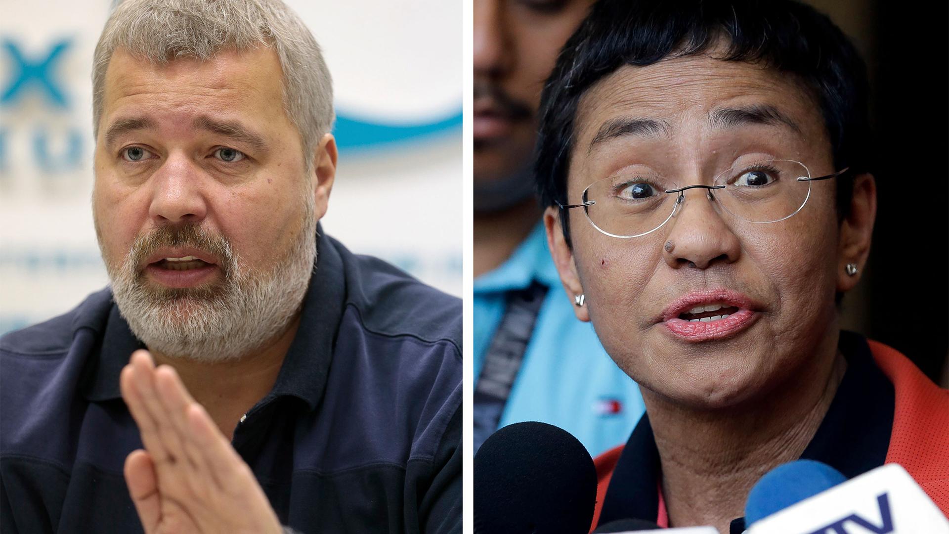 A combo of file images of Novaya Gazeta editor Dmitry Muratov, left, and of Rappler CEO and Executive Editor Maria Ressa, who were awarded the 2021 Nobel Peace Prize