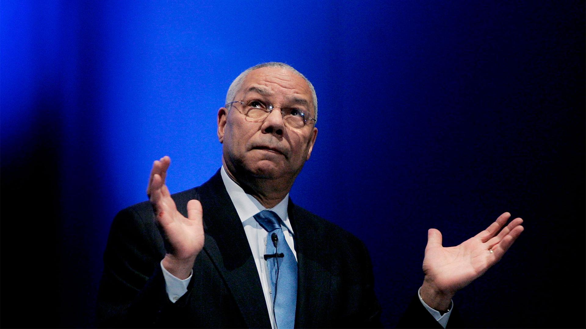 Former Secretary of State Colin Powell gestures during a lecture about business management and leadership in Madrid, Spain