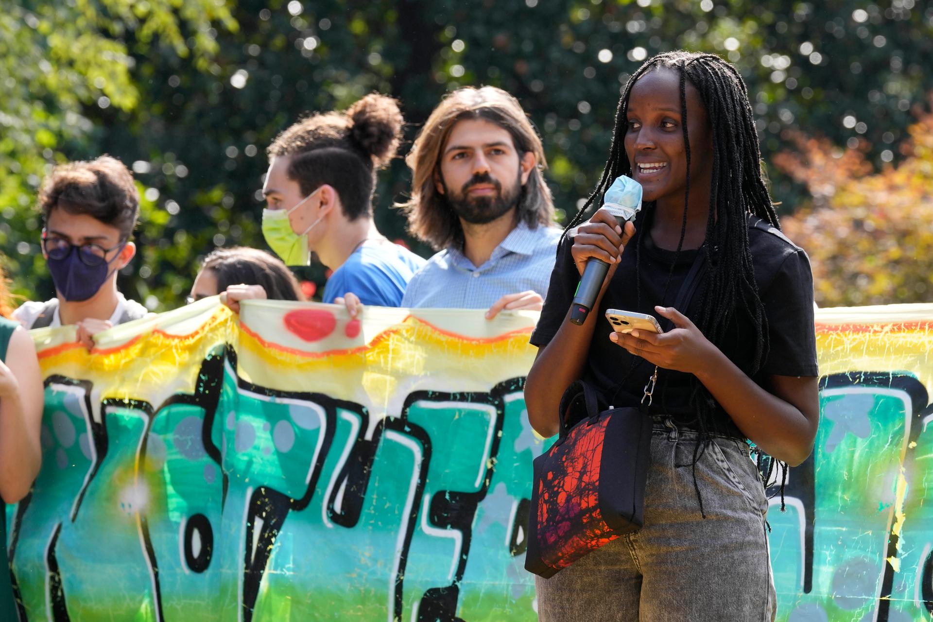 Climate activist Vanessa Nakate, of Uganda, delivers her speech during a Fridays for Future demonstration in Milan, Italy, Friday, Oct. 1, 2021.