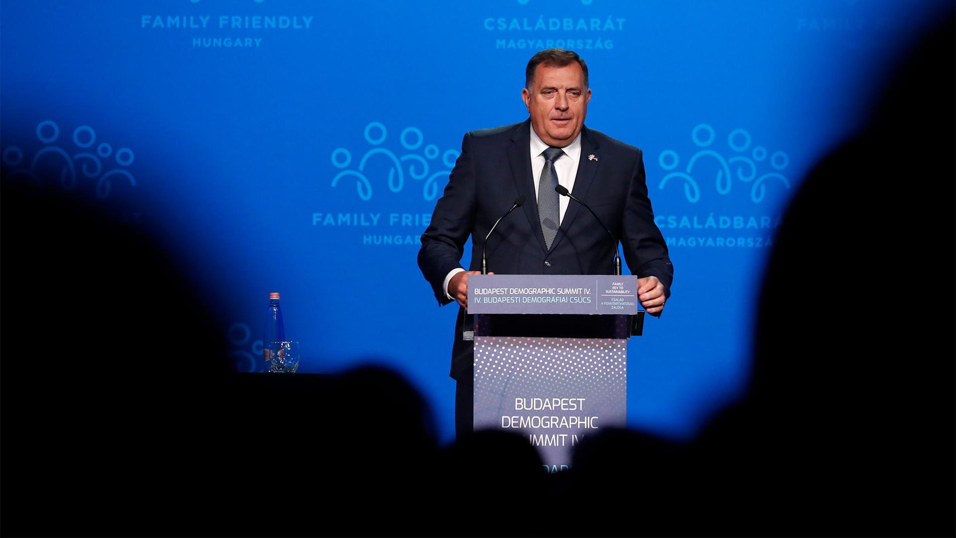 Bosnian Serb member of the tripartite Presidency of Bosnia Milorad Dodik holds a speech during the 4th Budapest Demographic Summit in Budapest, Hungary