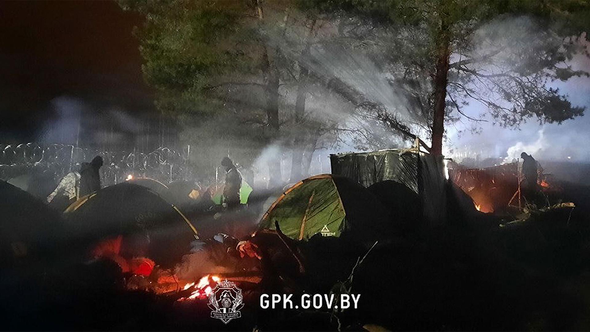 A view of a tent camp set by migrants from the Middle East and elsewhere gathering at the Belarus-Poland border near Grodno, Belarus