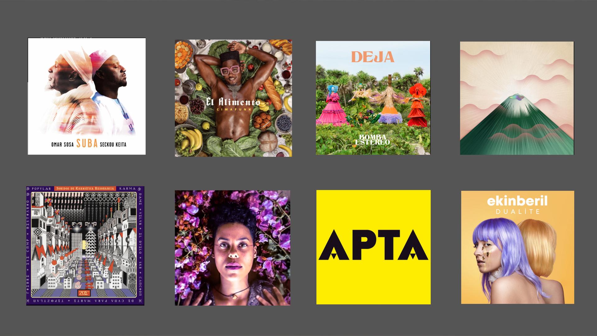 Cover art for albums of multiple artists included on The World's 2021 music playlist. Clockwise, starting from the top left image: 'Suba' by Omar Sosa and Seckou Keita; 'El Alimento' by Cimafunk; 'Deja' by Bomba Estereo; 'Seeking New Gods' by Gruff Rhys; 