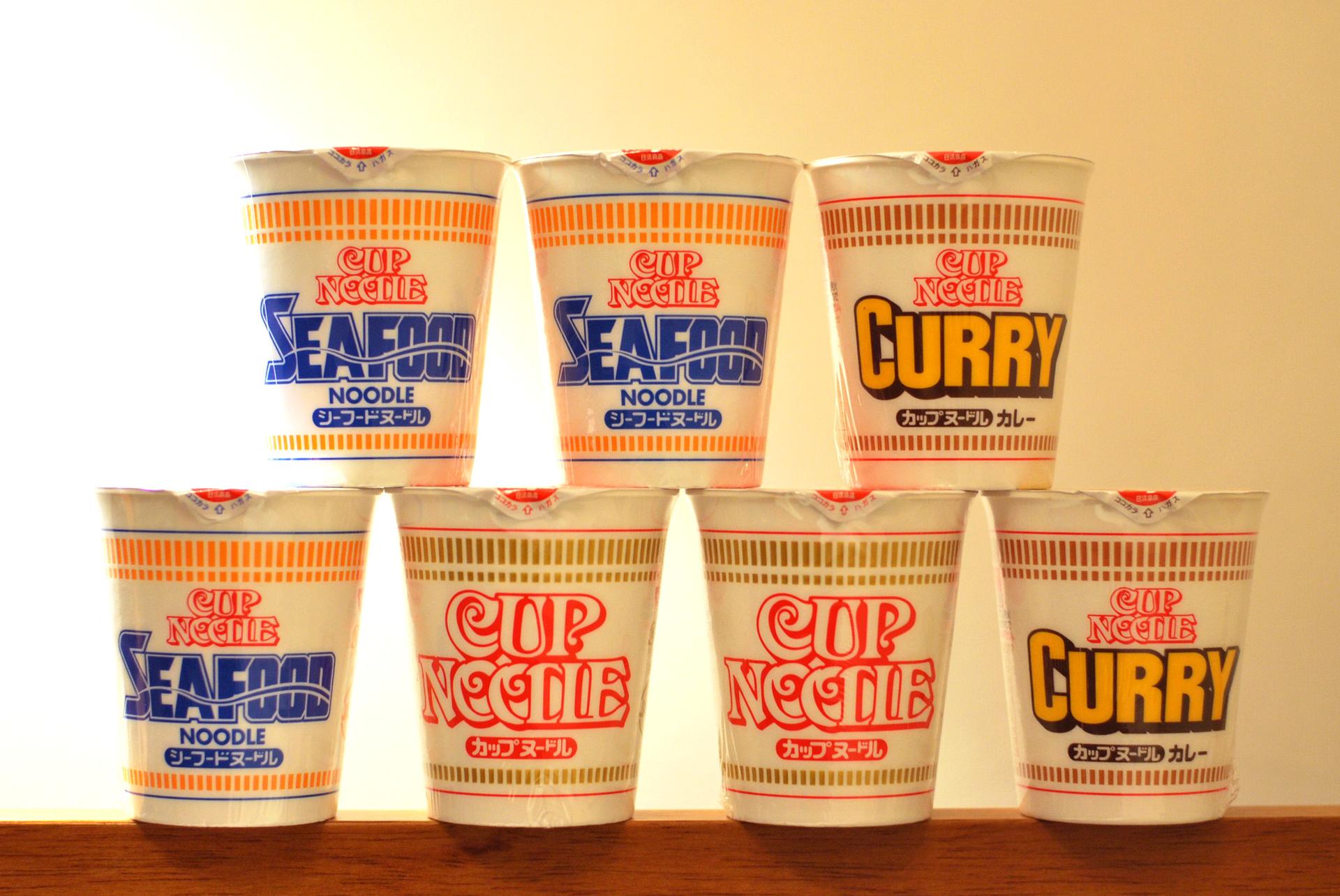 Cups of cups of noodles, showing original Japanese packaging