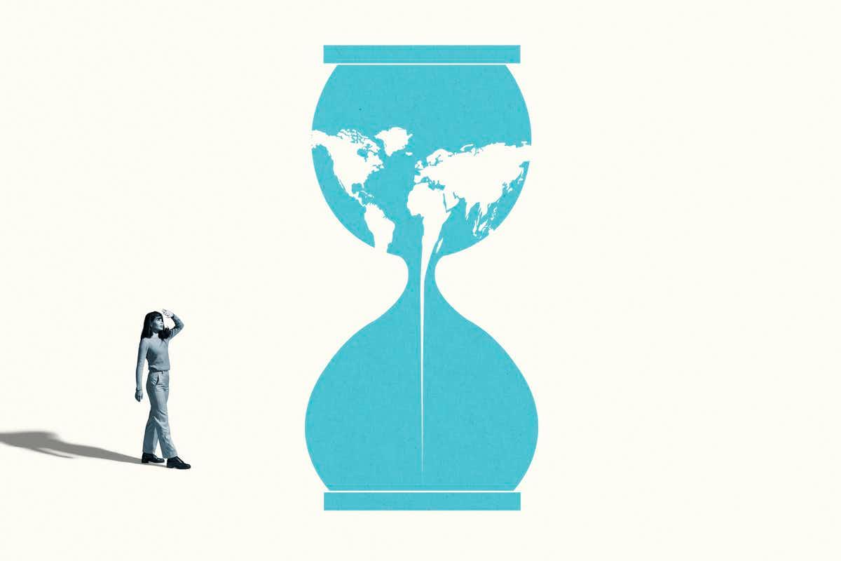 An illustration of a woman looking at a large hourglass with the globe pouring into the bottom