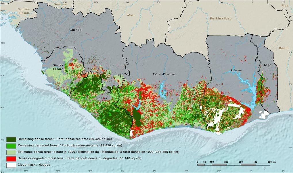 Map of West Africa’s Upper Guinean Forest showing areas of highly endangered habitats