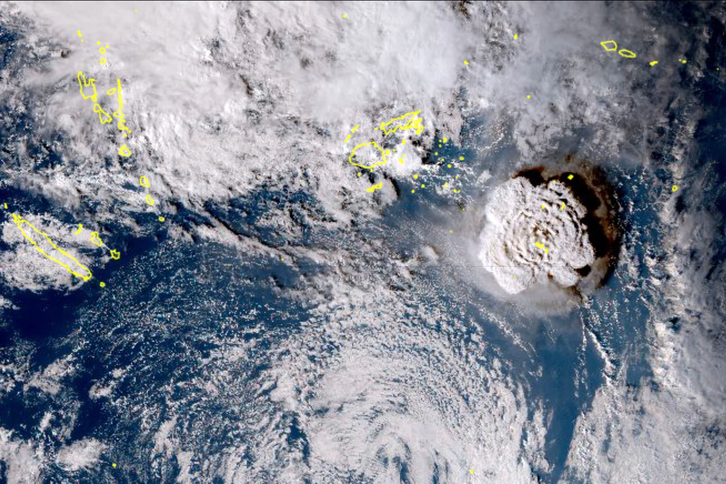 This satellite image taken by Himawari-8, a Japanese weather satellite, and released by the agency, shows an undersea volcano eruption at the Pacific nation of Tonga, Saturday, Jan. 15, 2022.
