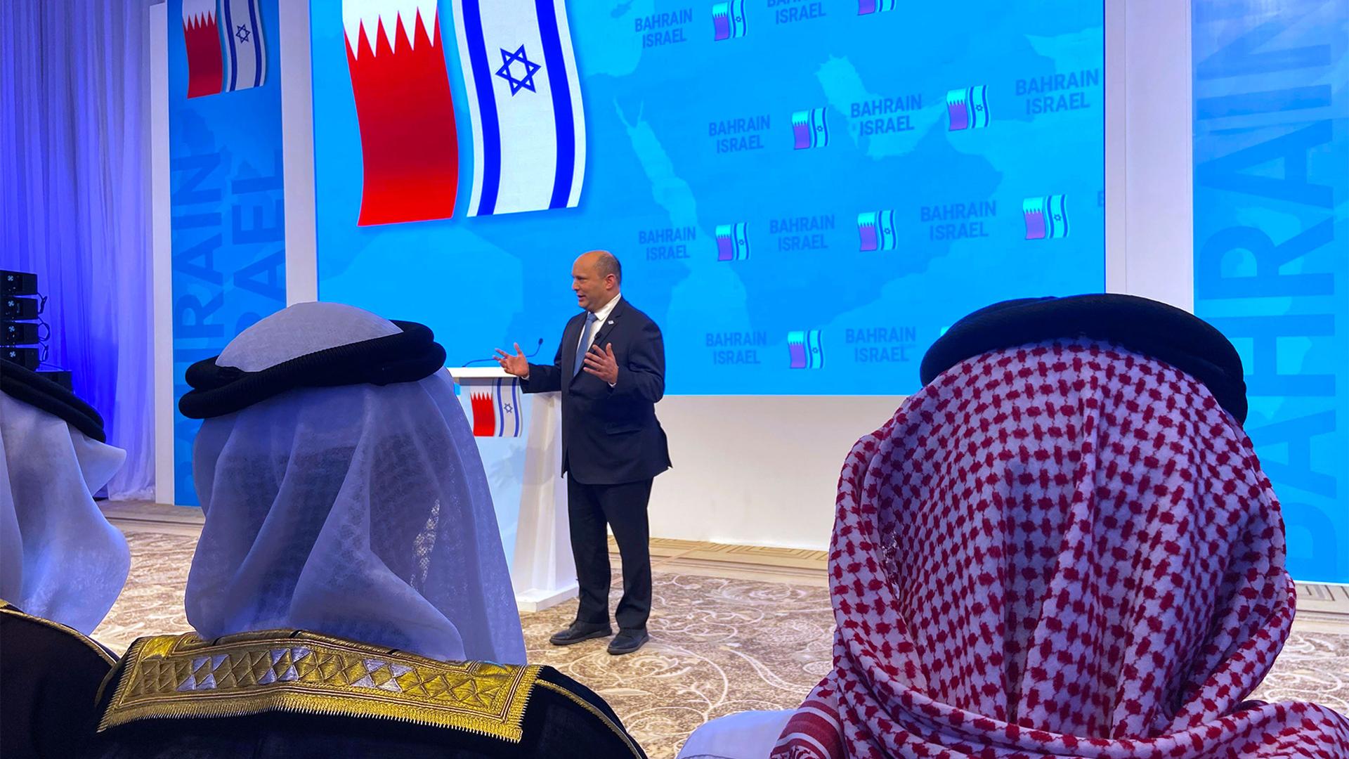 Israeli Prime Minister Naftali Bennett speaks to a group of Bahraini businesspeople during an official visit to Manama, Bahrain