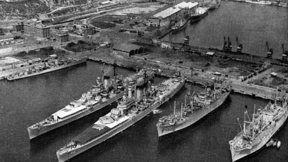 Ships of the US Navy Sixth Fleet visit Barcelona, Spain, in 1956. 