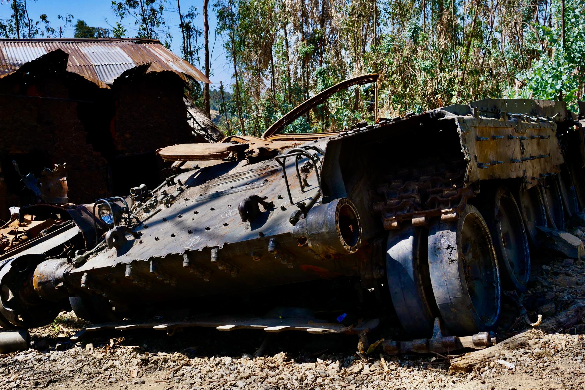 Overturned military tank in front of homes in Amhara Region, Ethiopia, Feb. 17, 2022