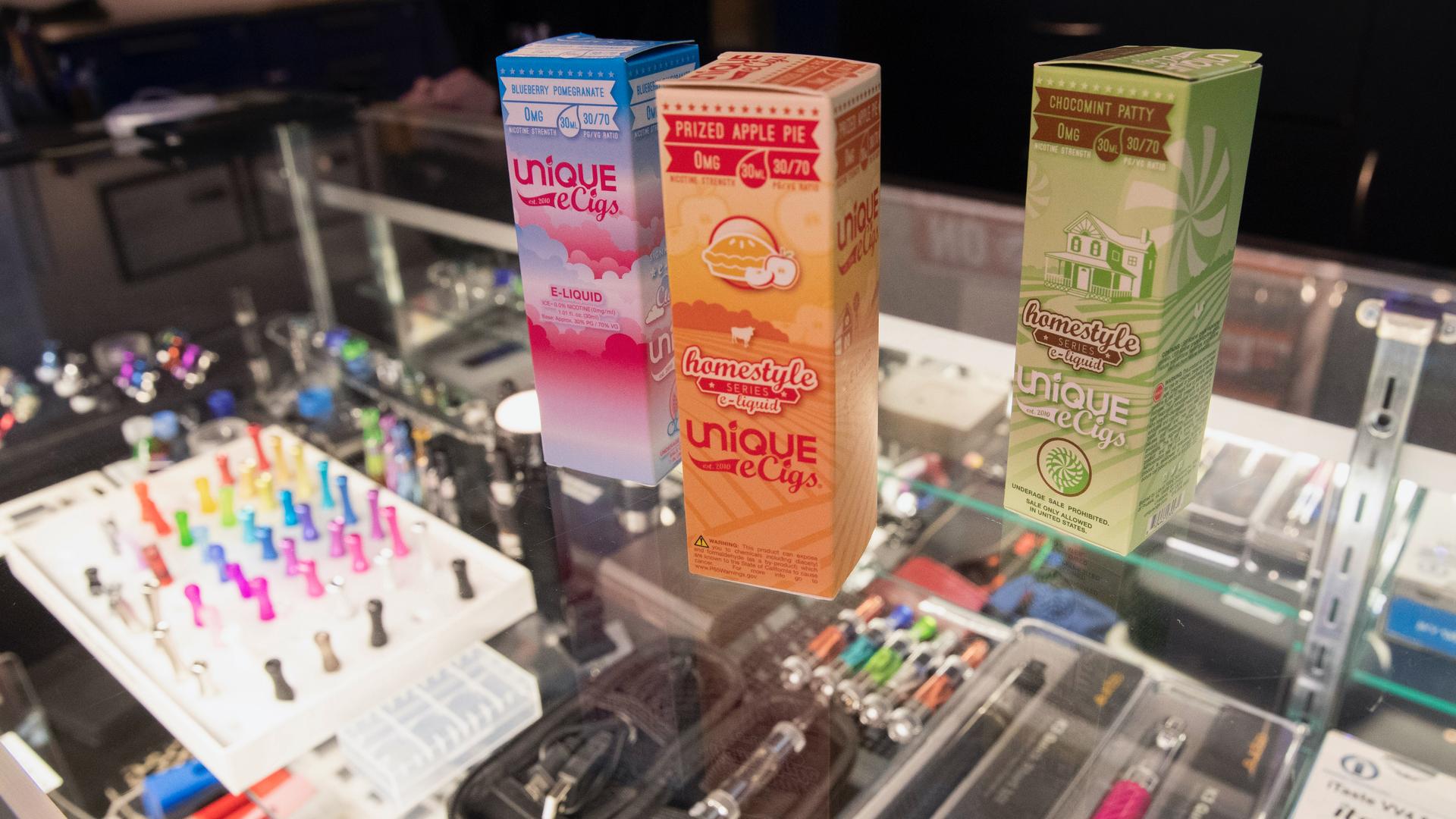 Flavored vaping liquids and devices on display at a New York store on Jan. 2, 2020.