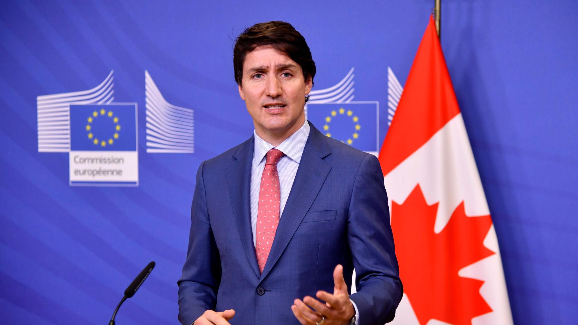 Canadian Prime Minister Justin Trudeau delivers a media statement at EU headquarters in Brussels, Wednesday, March 23, 2022. 