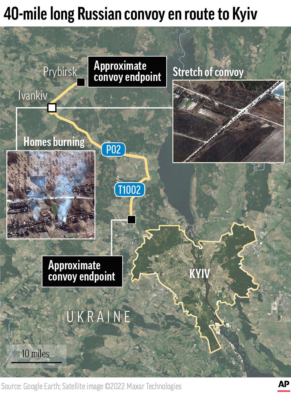 A map using satellite imagery and data from Google Earth showing the approximate start and end points of a 40-mile long Russian military convoy en route to Kyiv, Ukraine on March 1, 2022. 