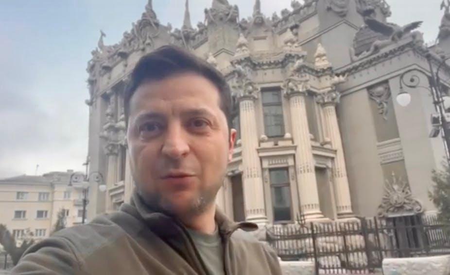 A screenshot of Ukrainian President and onetime actor Volodymyr Zelenskyy in a video he posted online. 