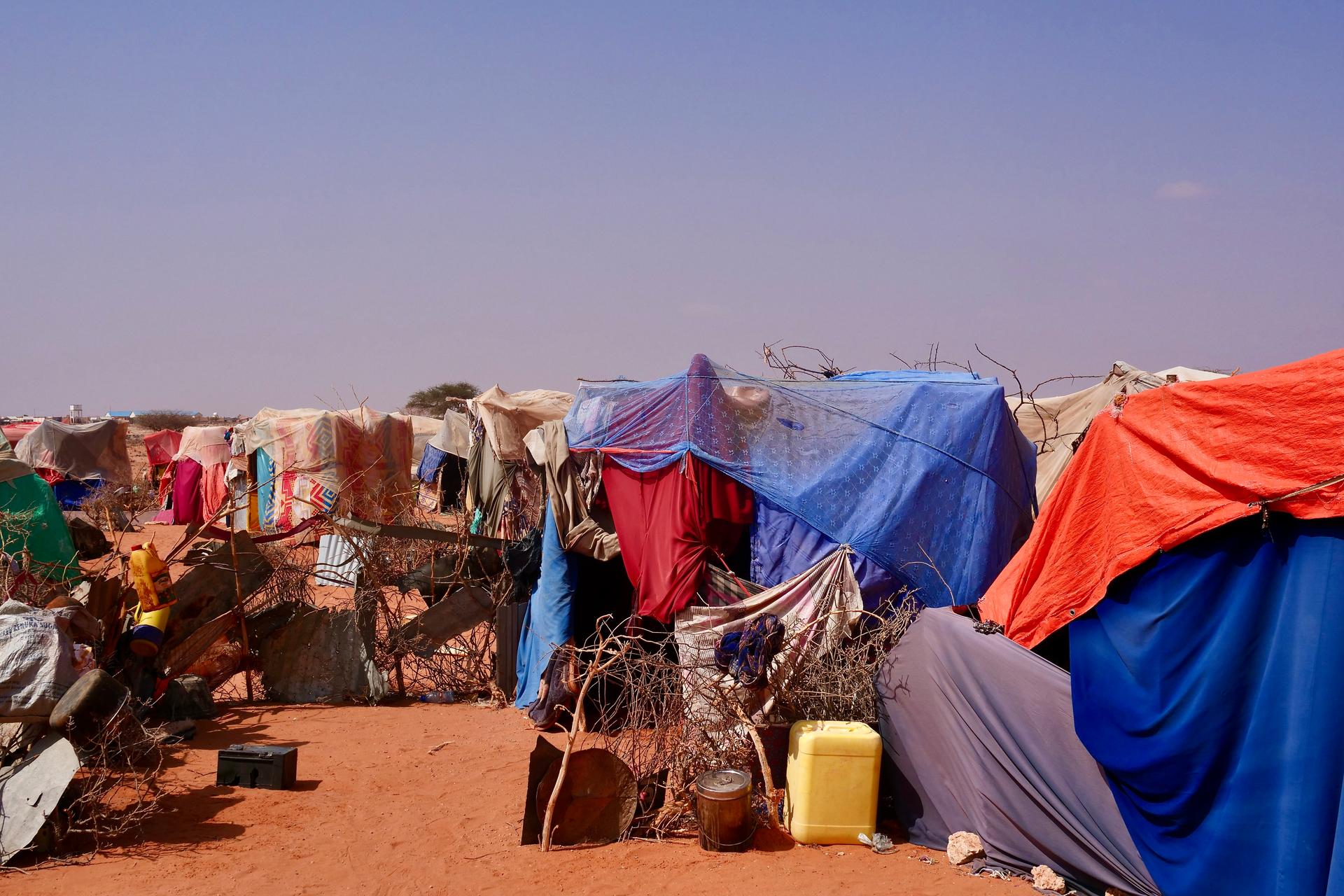 Makeshift homes at an IDP camp in Galkayo, Somalia, where people have come in search of food and water amid the ongoing drought.