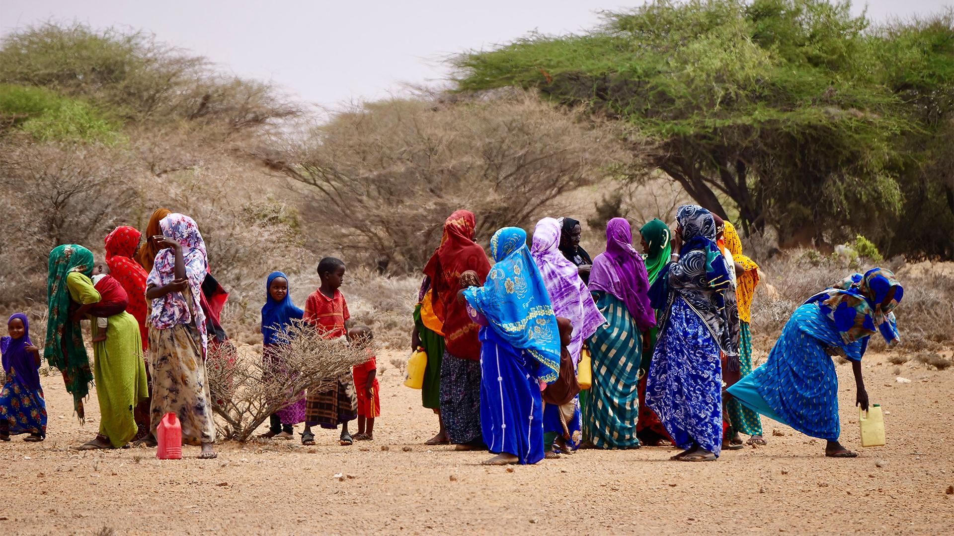 Woman carry jerry cans filled with water at Kuresyon village in Galkayo, Somalia.