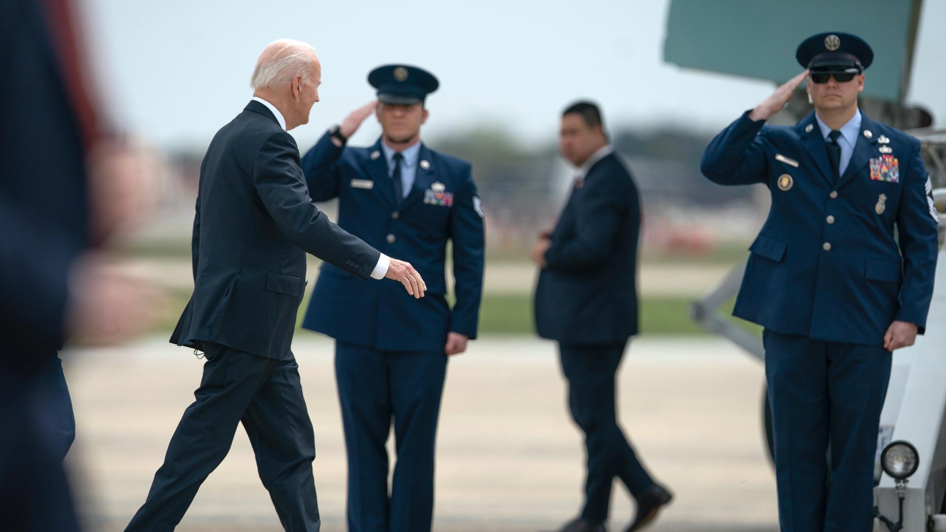President Joe Biden walks to board Air Force One, April 21, 2022, at Andrews Air Force Base, Maryland, en route to Portland, Oregon. 