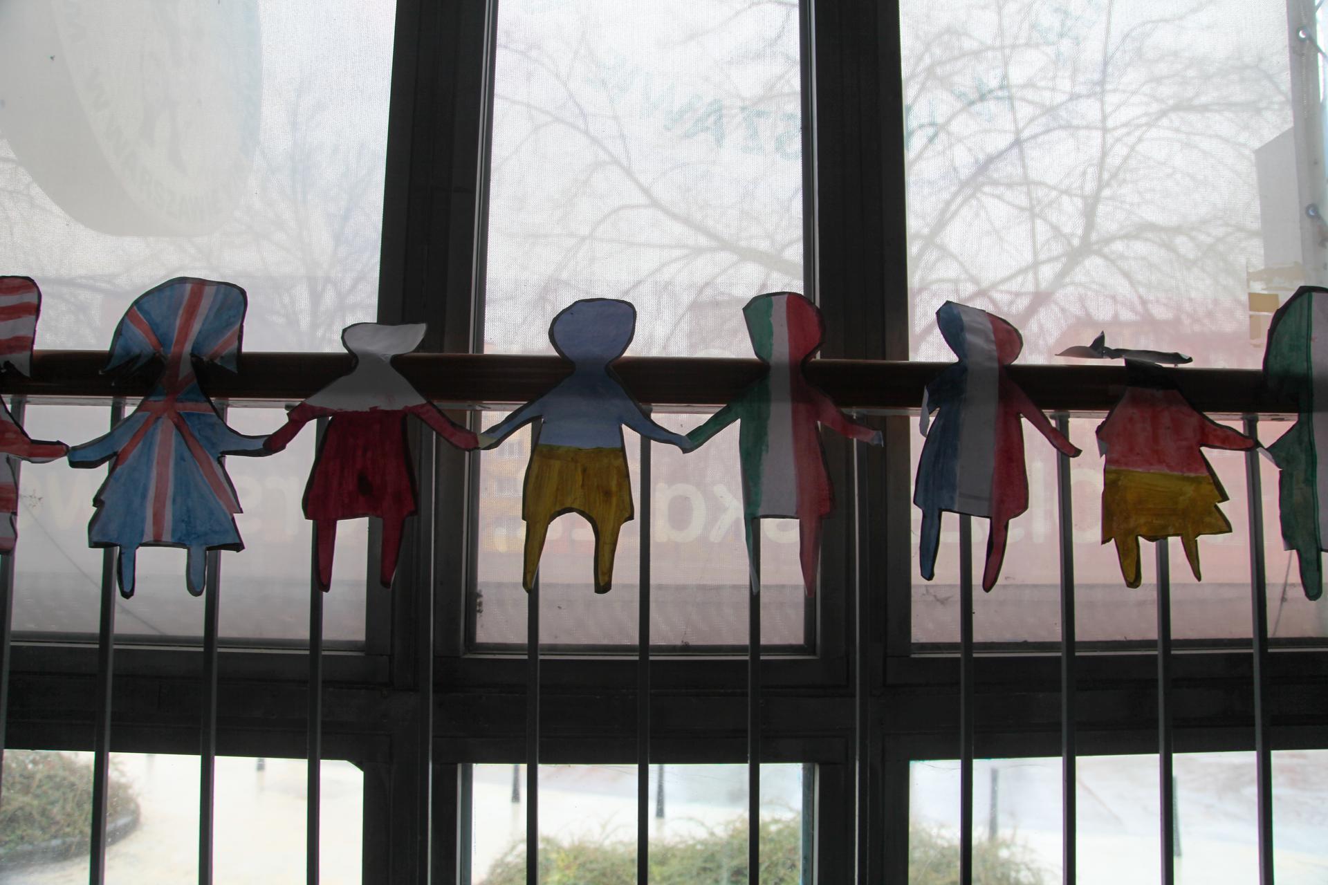 Student art hangs at the Ukrainian School in Warsaw.