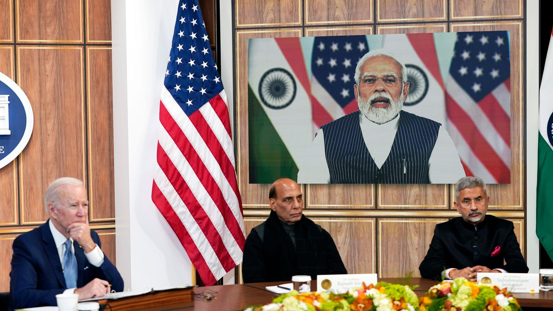President Joe Biden meets virtually with Indian Prime Minister Narendra Modi in the South Court Auditorium on the White House campus in Washington, Monday, April 11, 2022. 