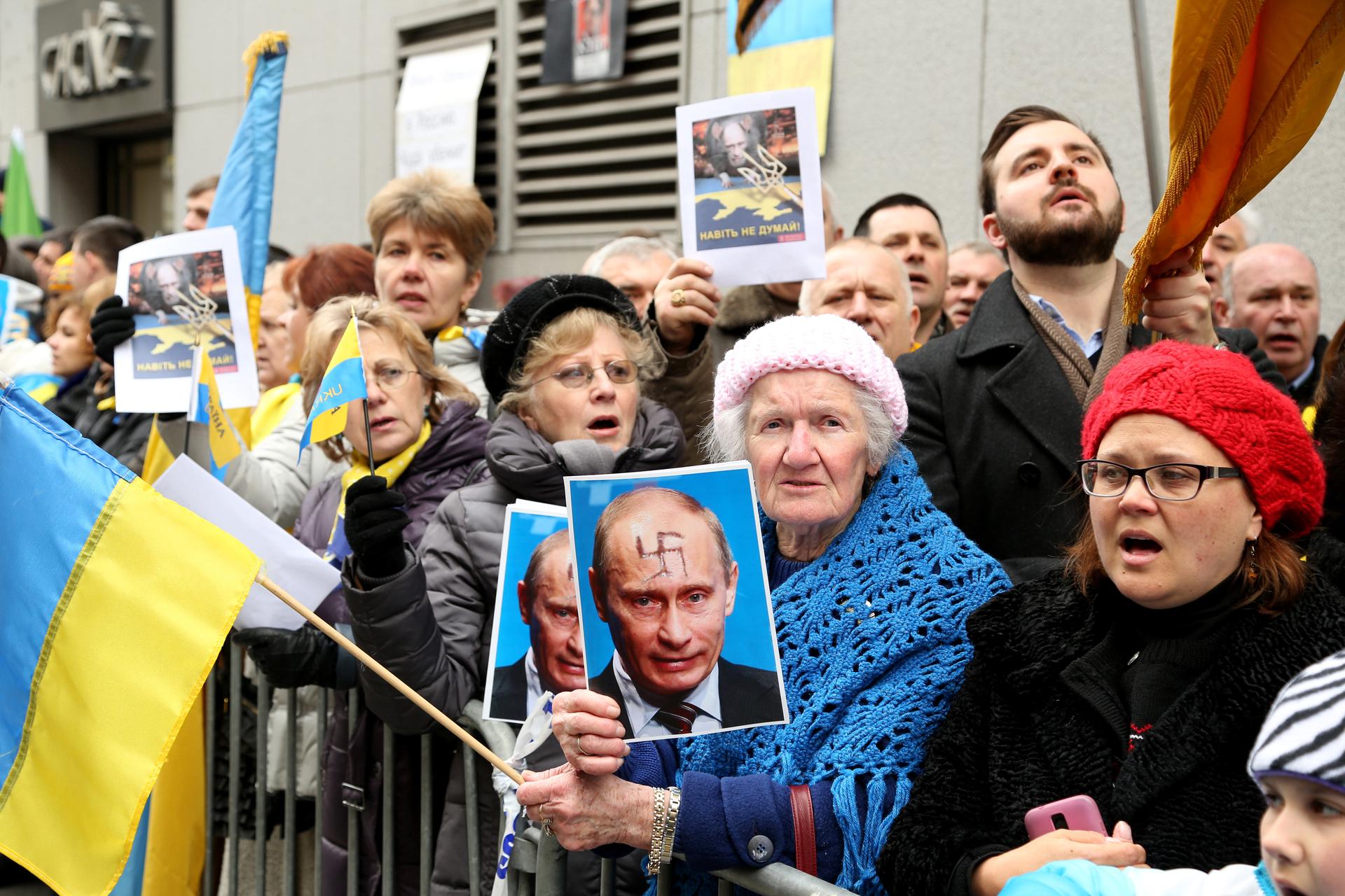 Ukrainian Americans attend a New York City rally on March 2, 2014, protesting Russia’s annexation of Crimea.