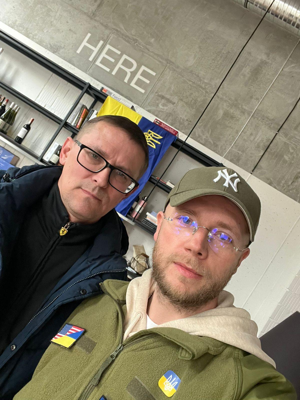 Oleksii Vostretsov (left) was trapped in his hometown of Bucha for 22 days at the start of the war in  Ukraine. Kyiv resident Sasha Oleksandr (right) translated his story.