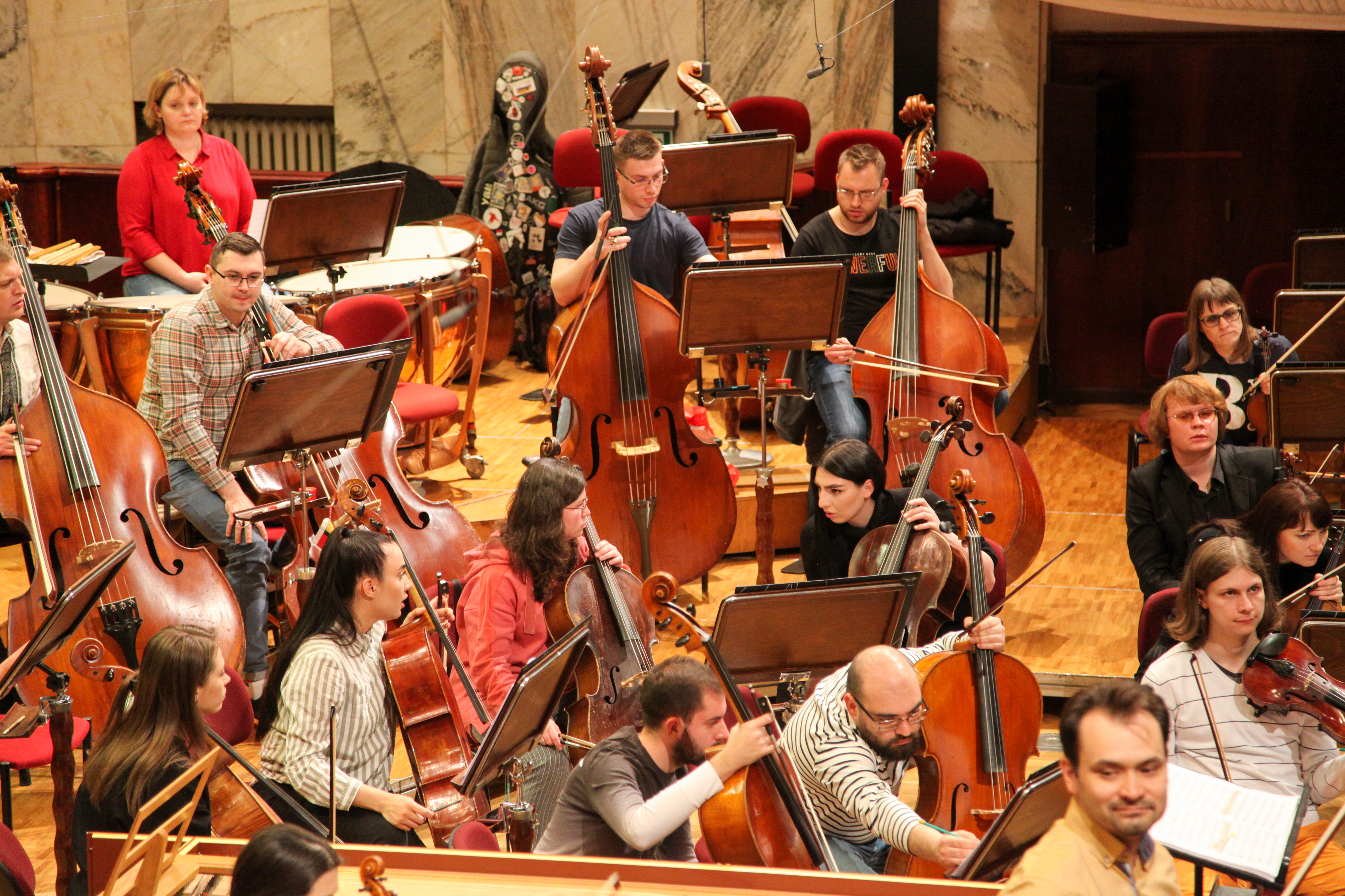 The Kyiv Symphony Orchestra rehearses at the National Philharmonic in Warsaw, Poland, the day before the premiere performance of the 