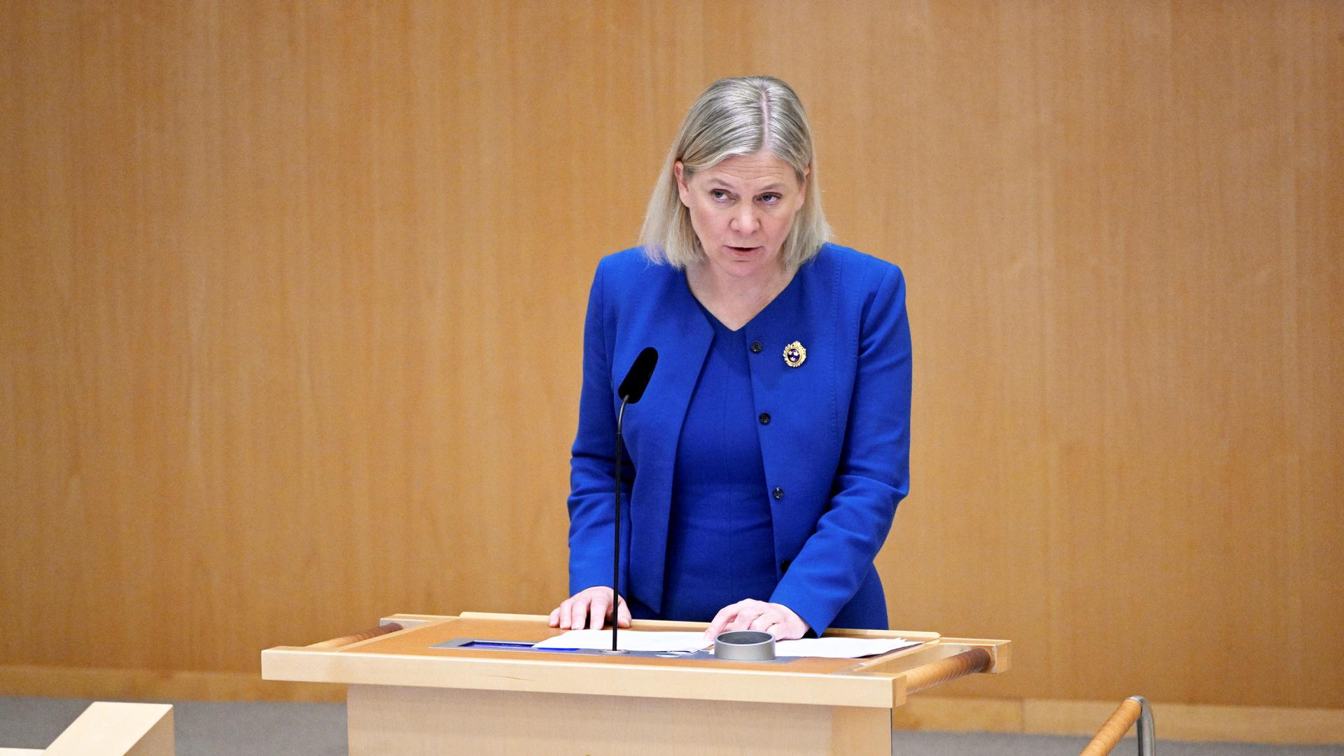 Prime Minister Magdalena Andersson talks during the parliamentary debate on the Swedish application for NATO membership, in Stockholm, Monday, May 16, 2022. 