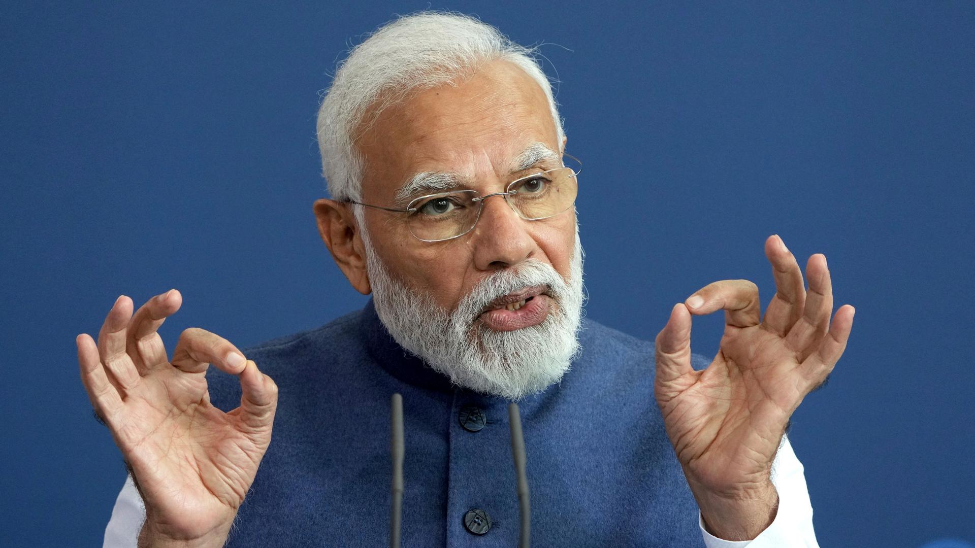 Indian Prime Minister Narendra Modi addresses the media during a joint press statement as part of a meeting with German Chancellor Olaf Scholz at the chancellery in Berlin, Germany, Monday, May 2, 2022. 