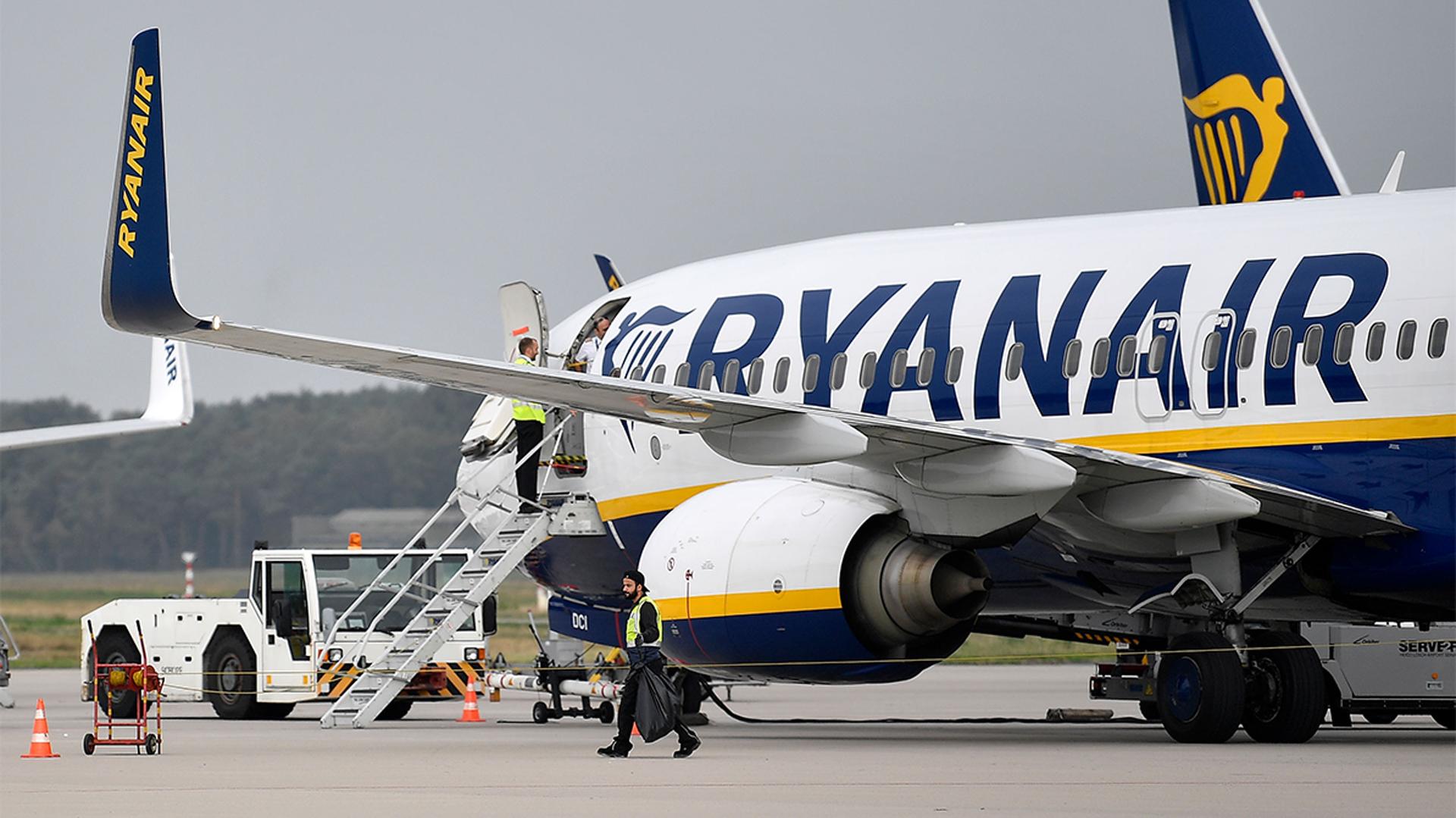 A Ryanair plane parks at the airport in Weeze, Germany