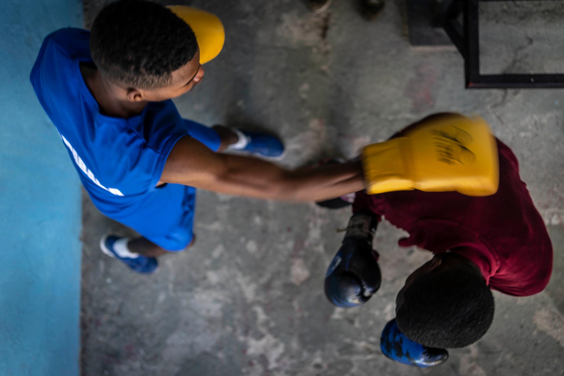 Aerial shot of boxers training at the Rafael Trejo boxing gym in Old Havana, Cuba