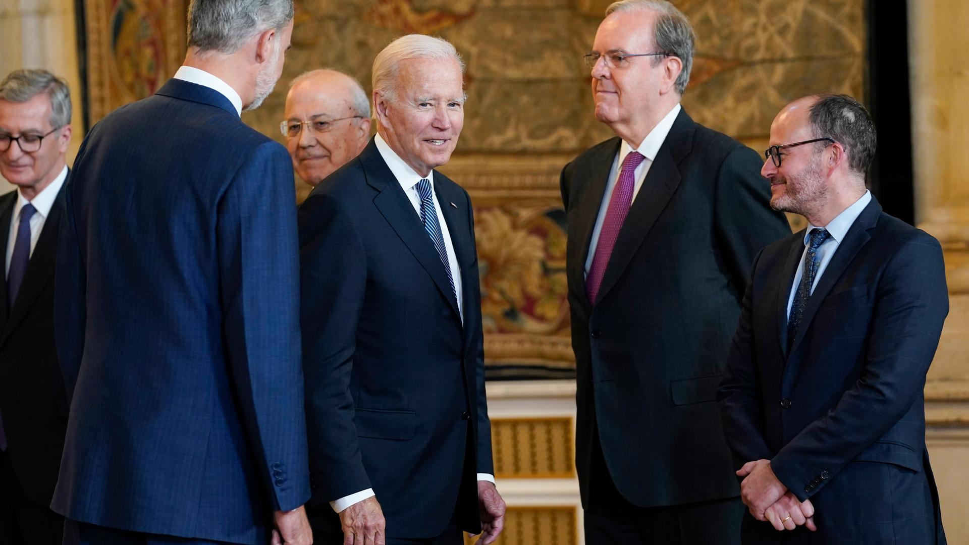 President Joe Biden meets with Spain's King Felipe VI and the Spanish delegation at the Royal Palace of Madrid in Madrid, Tuesday, June 28, 2022. 