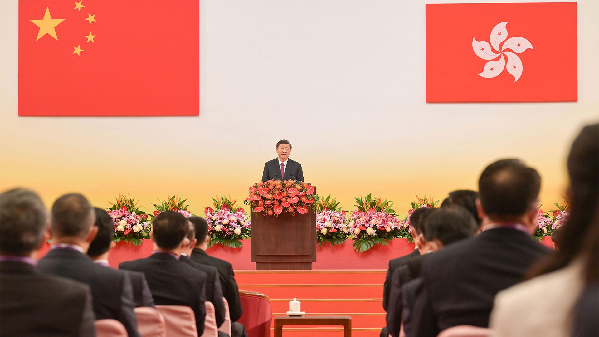 China's President Xi Jinping gives a speech following a swearing-in ceremony to inaugurate the city's new government in Hong Kong
