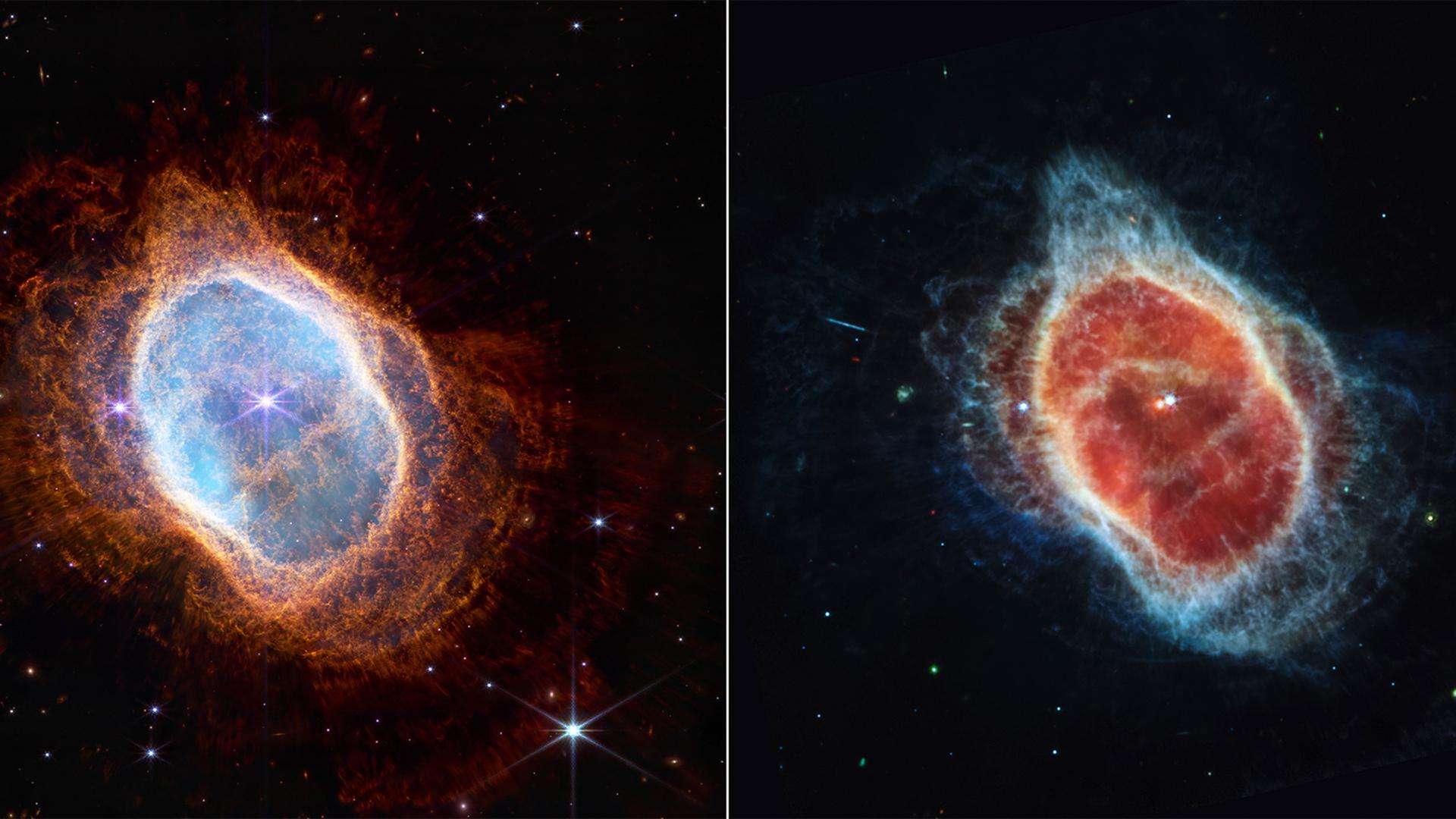 This combo of images released by NASA shows a side-by-side comparison of observations of the Southern Ring Nebula in near-infrared light, at left, and mid-infrared light, at right, from the Webb Telescope