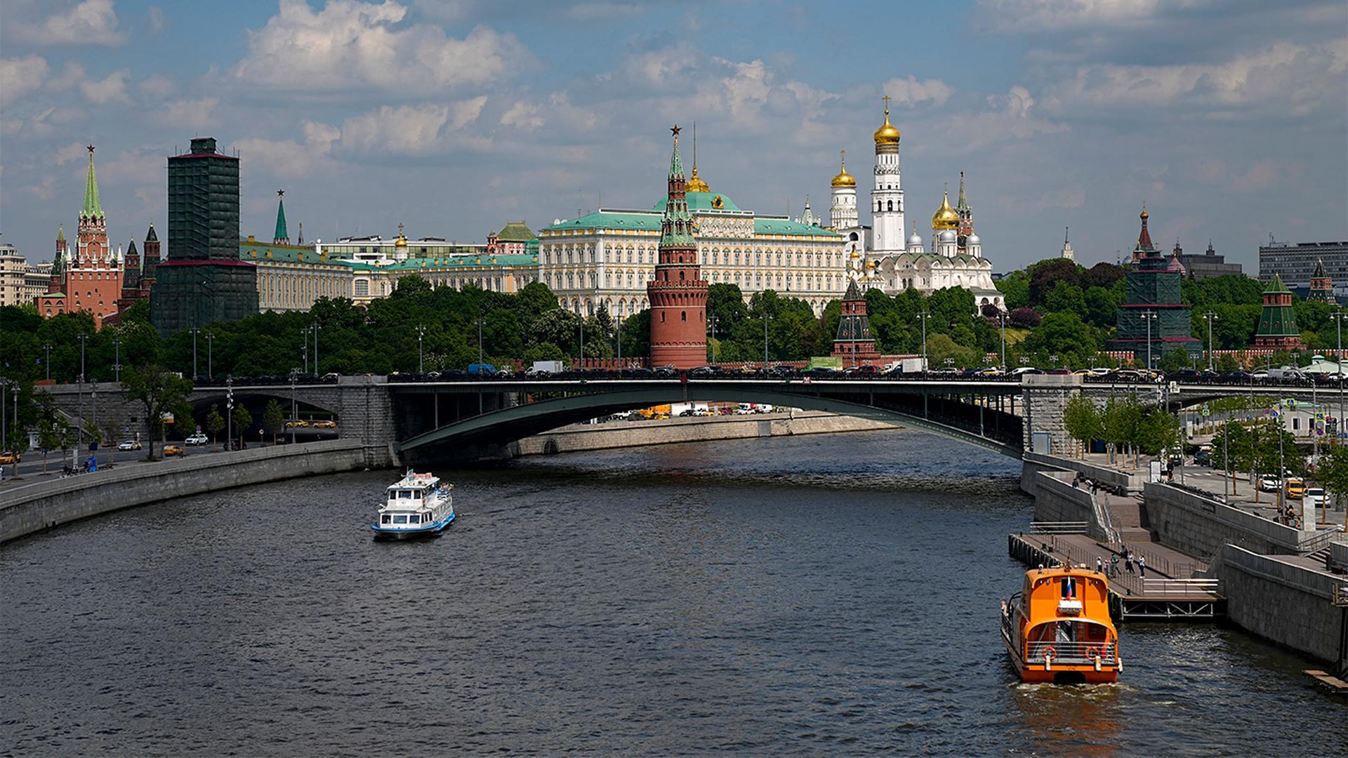 A view of the Big Kremlin Palace and Churches with the Moskva River in Moscow, Russia
