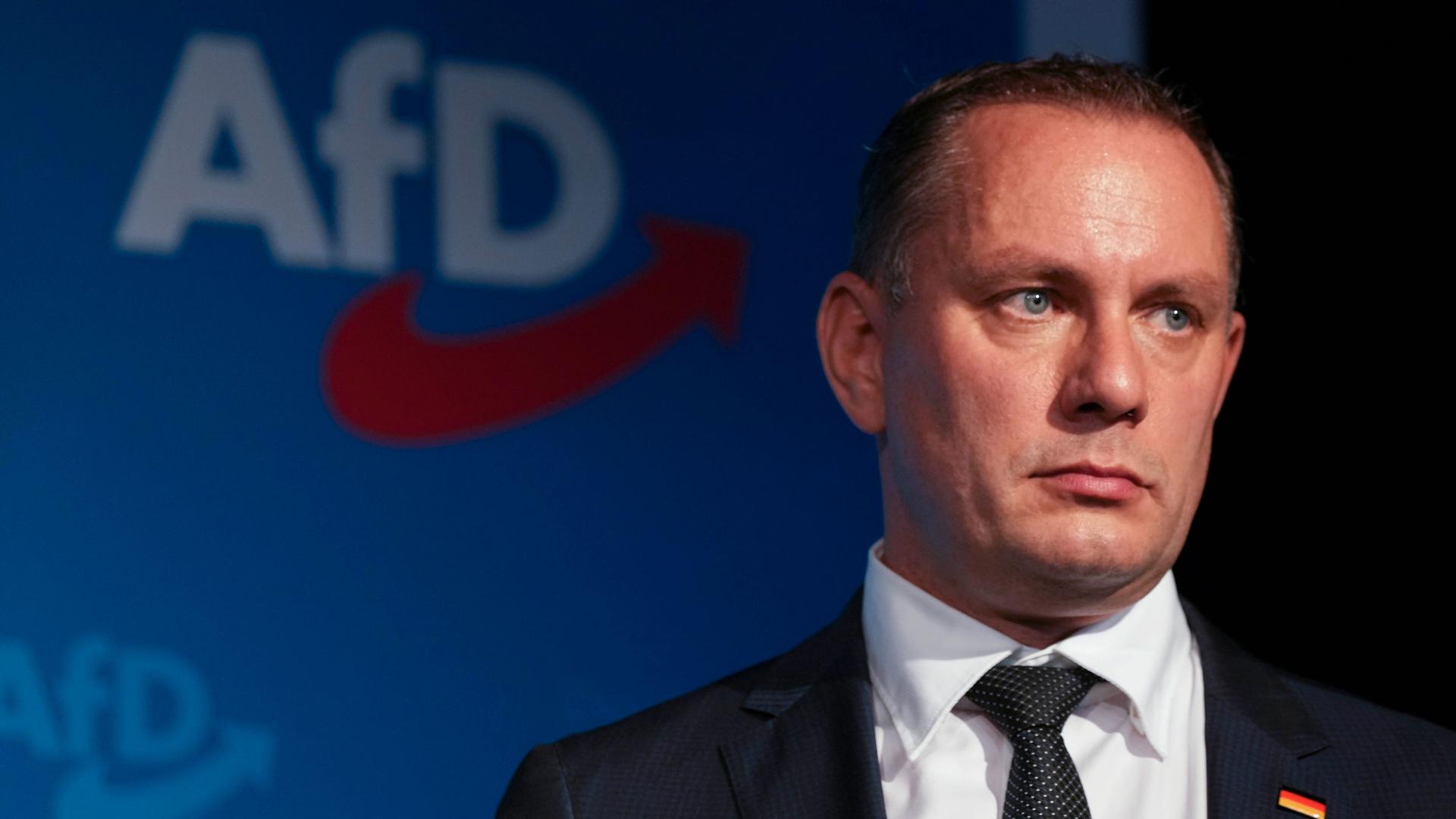 Afd's top candidate Tino Chrupalla follows the first forecasts on the outcome of the election at the Alternative for Germany party, AfD, election event in Berlin, Sunday, Sept. 26, 2021. 