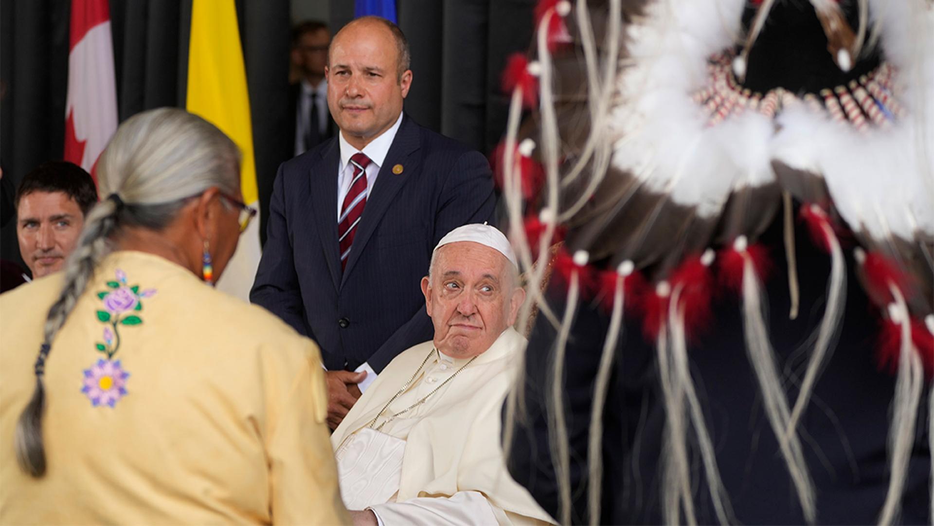 Pope Francis meets the Canadian Indigenous people as he arrives at Edmonton's International airport, Canada