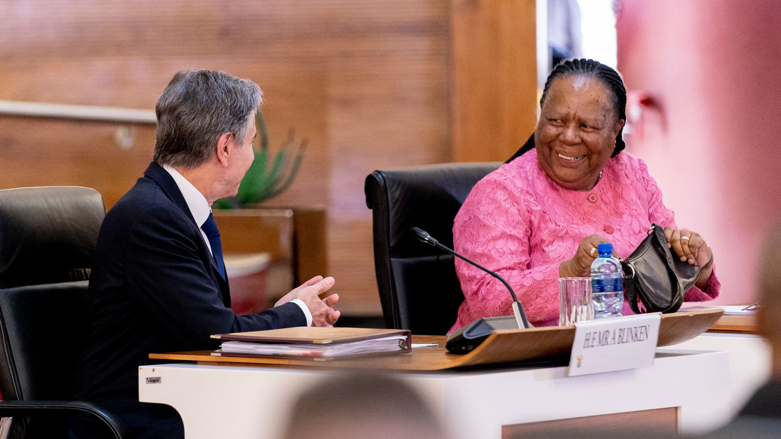 Secretary of State Antony Blinken and South Africa's Foreign Minister Naledi Pandor attend a strategic dialogue opening session meeting at the South African Department of International Relations and Cooperation in Pretoria, South Africa, Monday, Aug. 8, 2