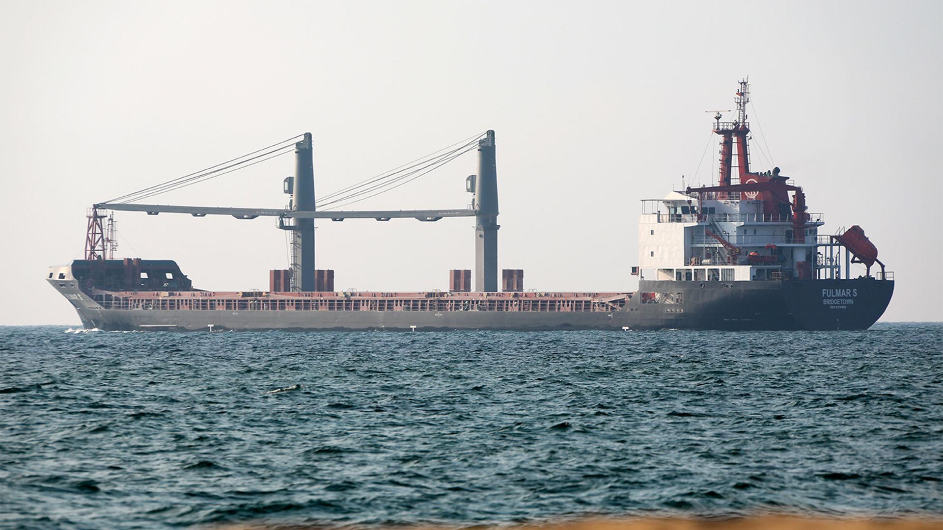 The Fulmar S vessel carrier with 12,000 tons of corn makes its way from the port in Odesa, Ukraine.
