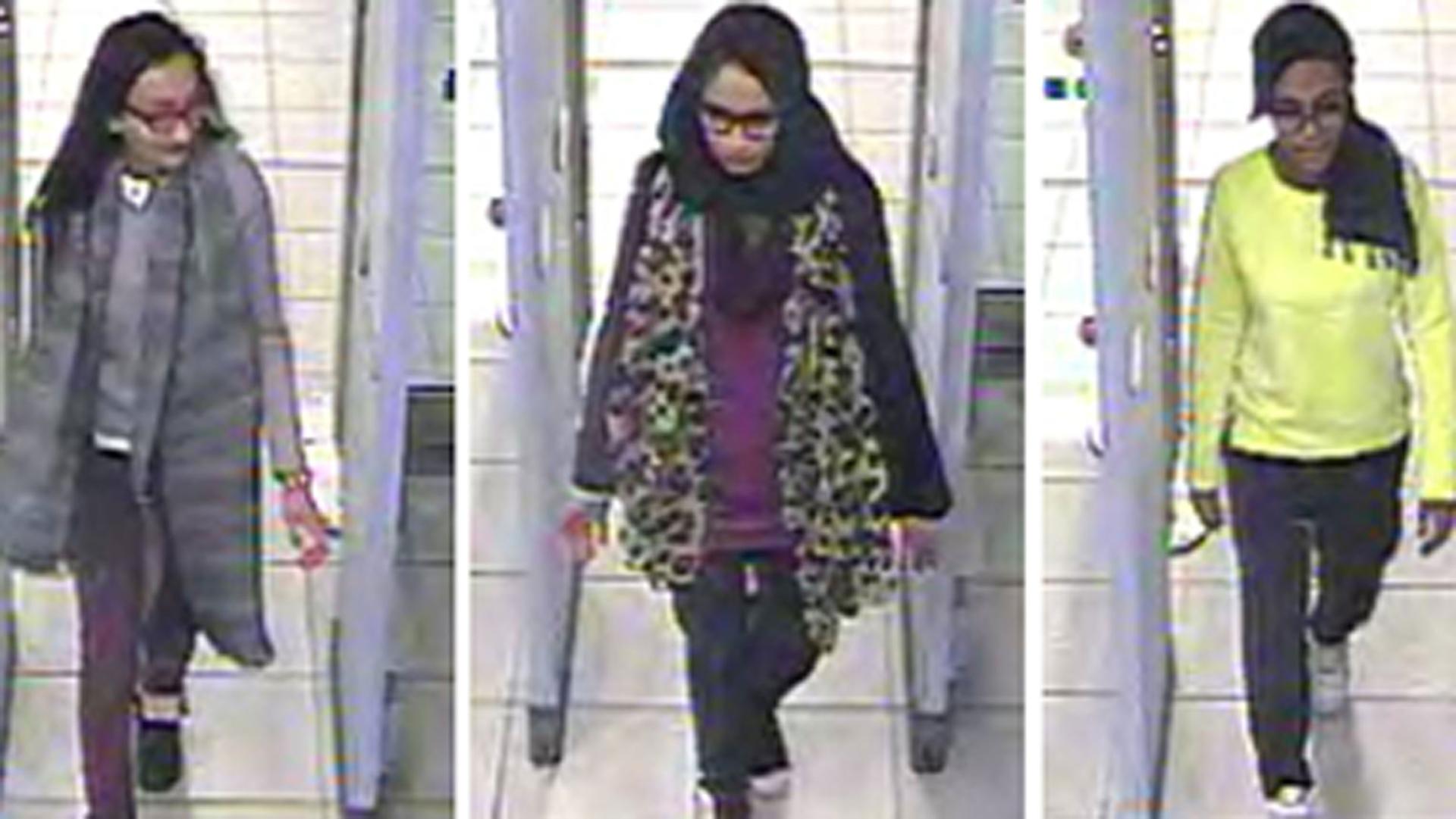 A three-image combo of stills taken from CCTV footage shows Kadiza Sultana, left, Shamima Begum, centre and and Amira Abase going through security at Gatwick airport