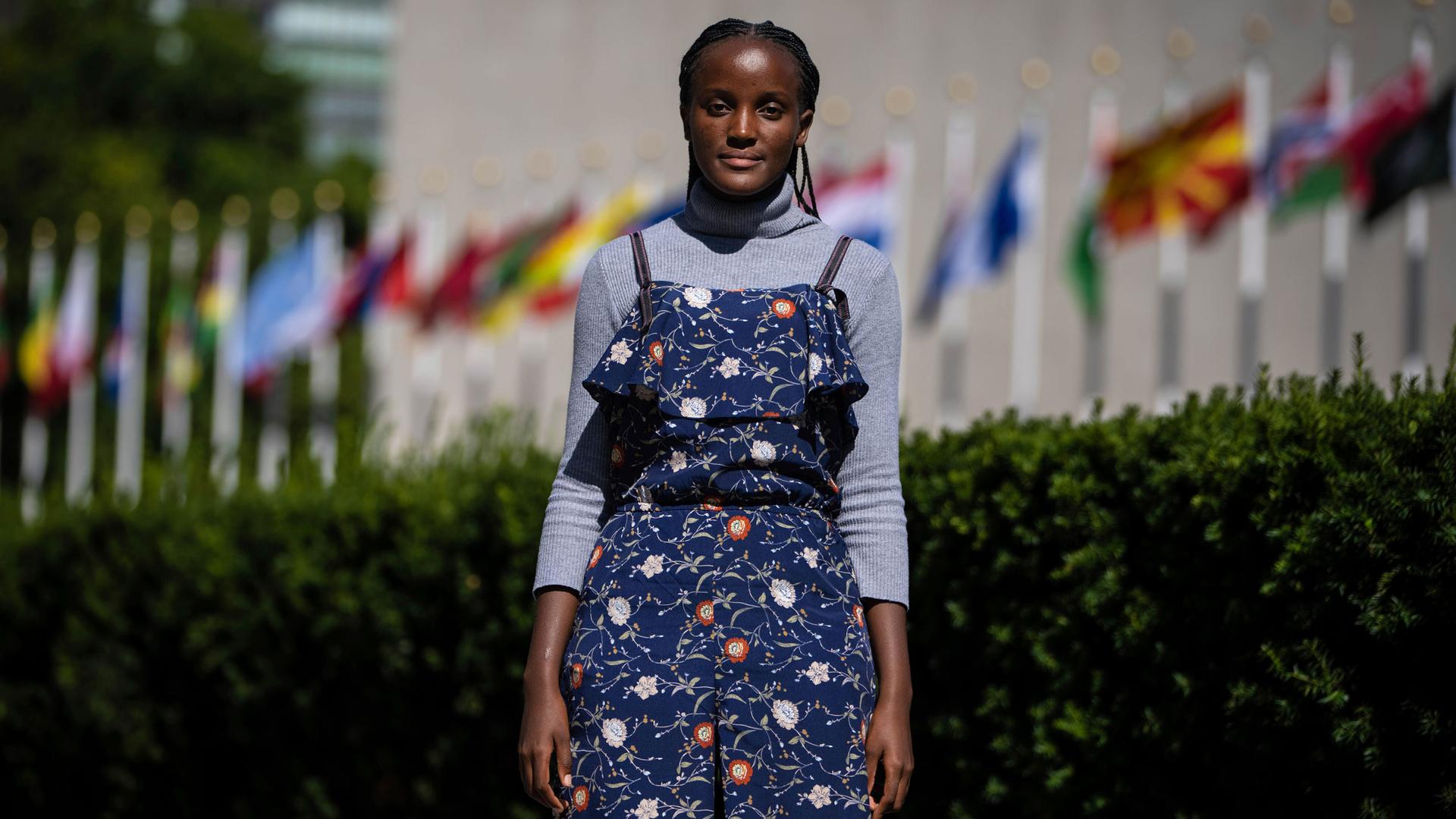 Climate activist Vanessa Nakate of Uganda poses for a portrait in New York outside the United Nations headquarters, Sept. 14, 2022. 