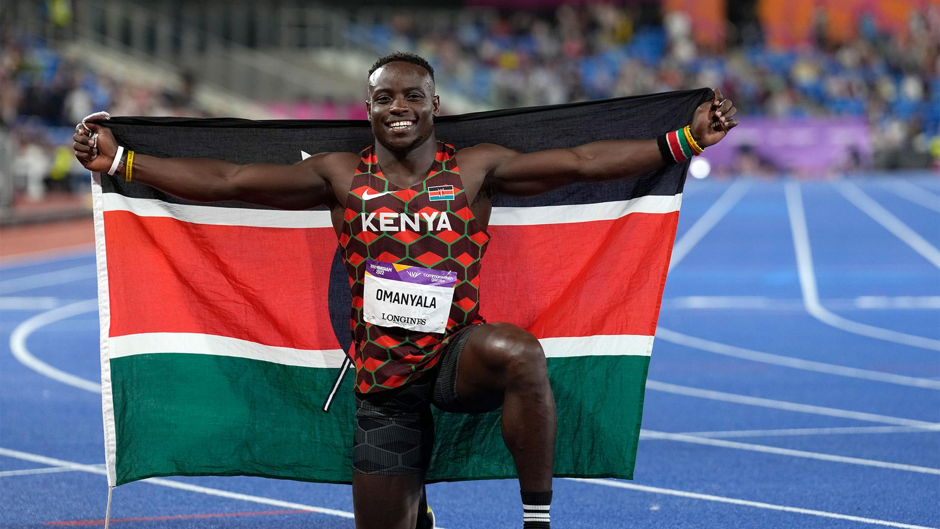 Kenya's Ferdinand Omanyala celebrates after winning gold in the men's 100m final during the athletics in the Alexander Stadium at the Commonwealth Games in Birmingham, England