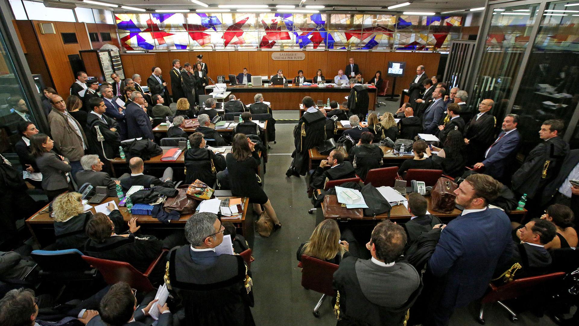 A view of a courtroom inside Rome's tribunal Thursday, Nov. 5, 2015, during the first hearing of a trial of involving politicians and businessmen. 