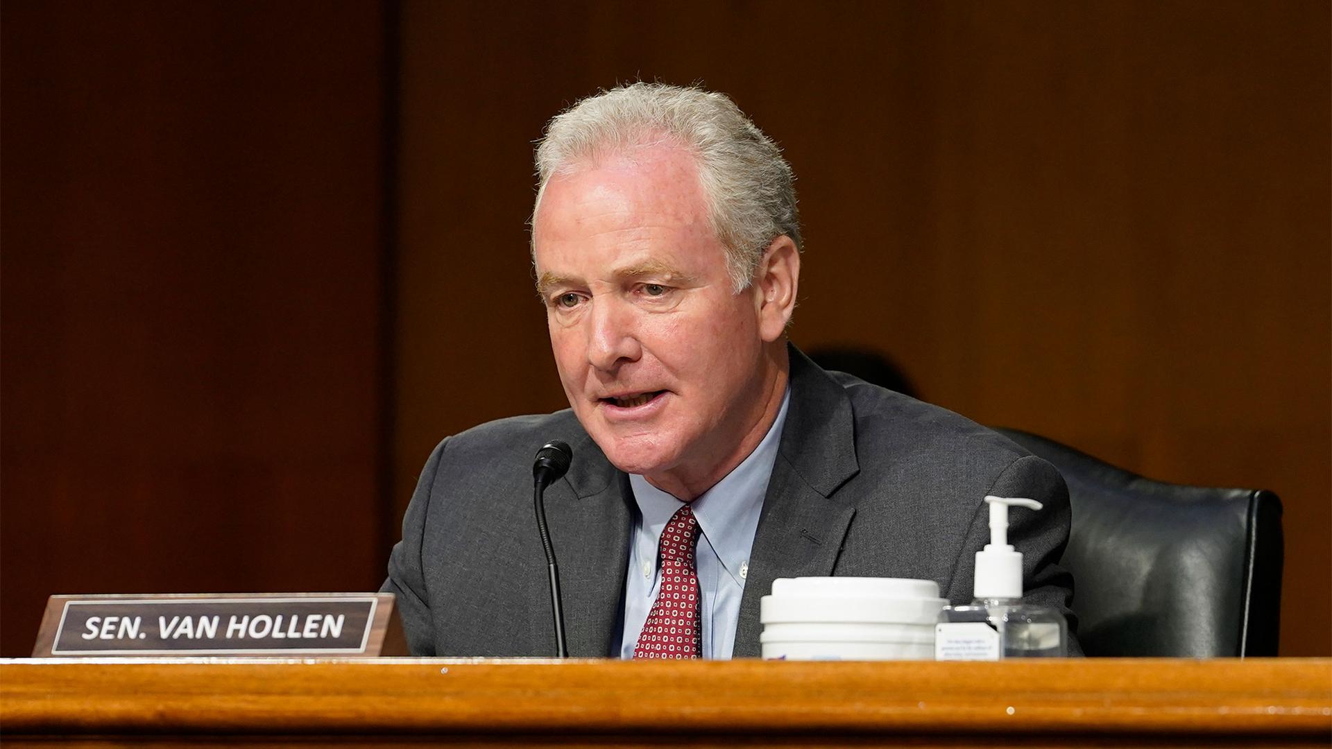 Maryland Sen. Chris Van Hollen speaks during a Senate Appropriations subcommittee hearing on Capitol Hill in Washington.