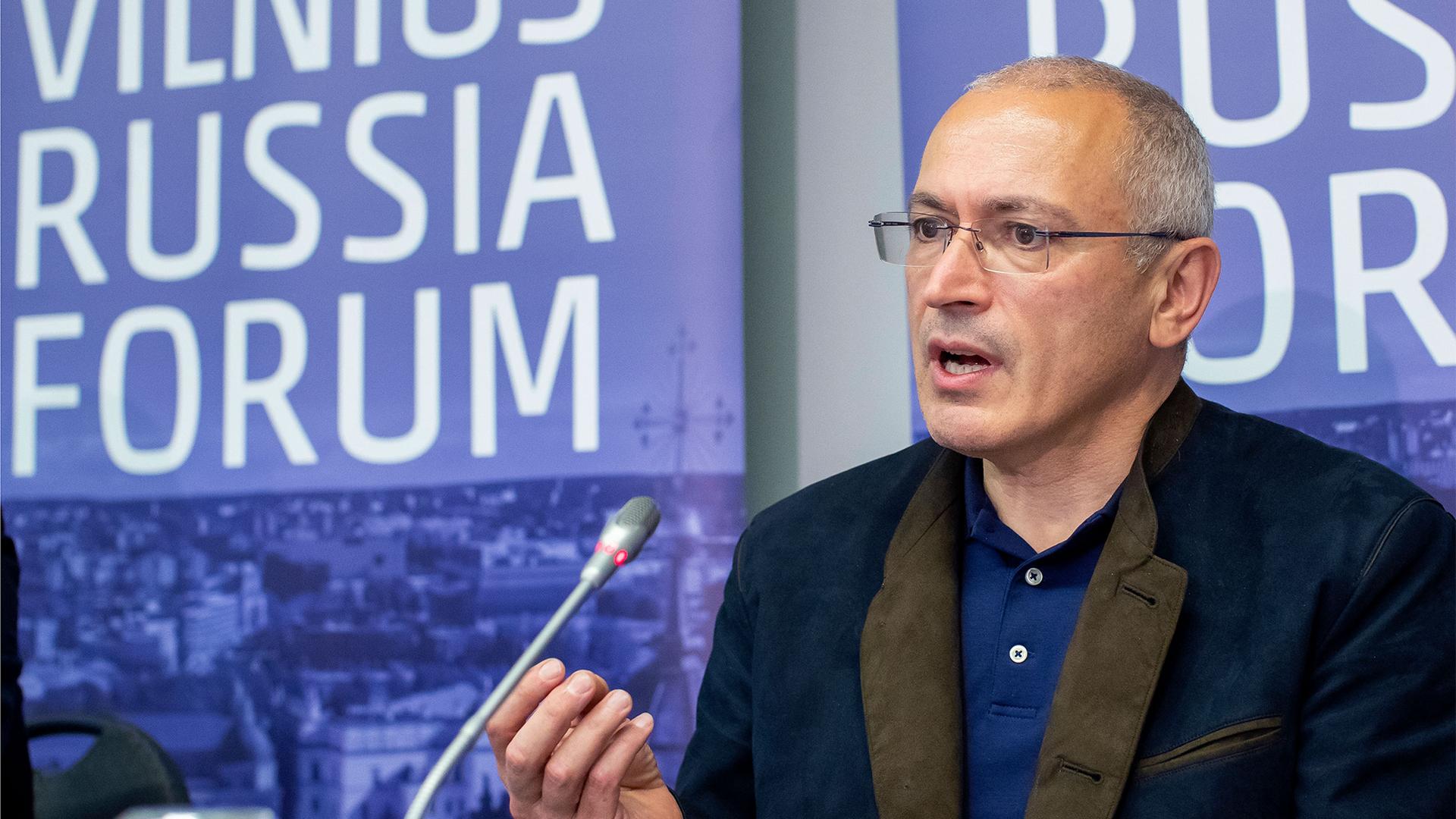 Russian opposition figure and former owner of the Yukos Oil Company Mikhail Khodorkovsky speaks during a press conference with Lithuania's Minister of Foreign Affairs at the "Esperanza" hotel in Paunguriai village