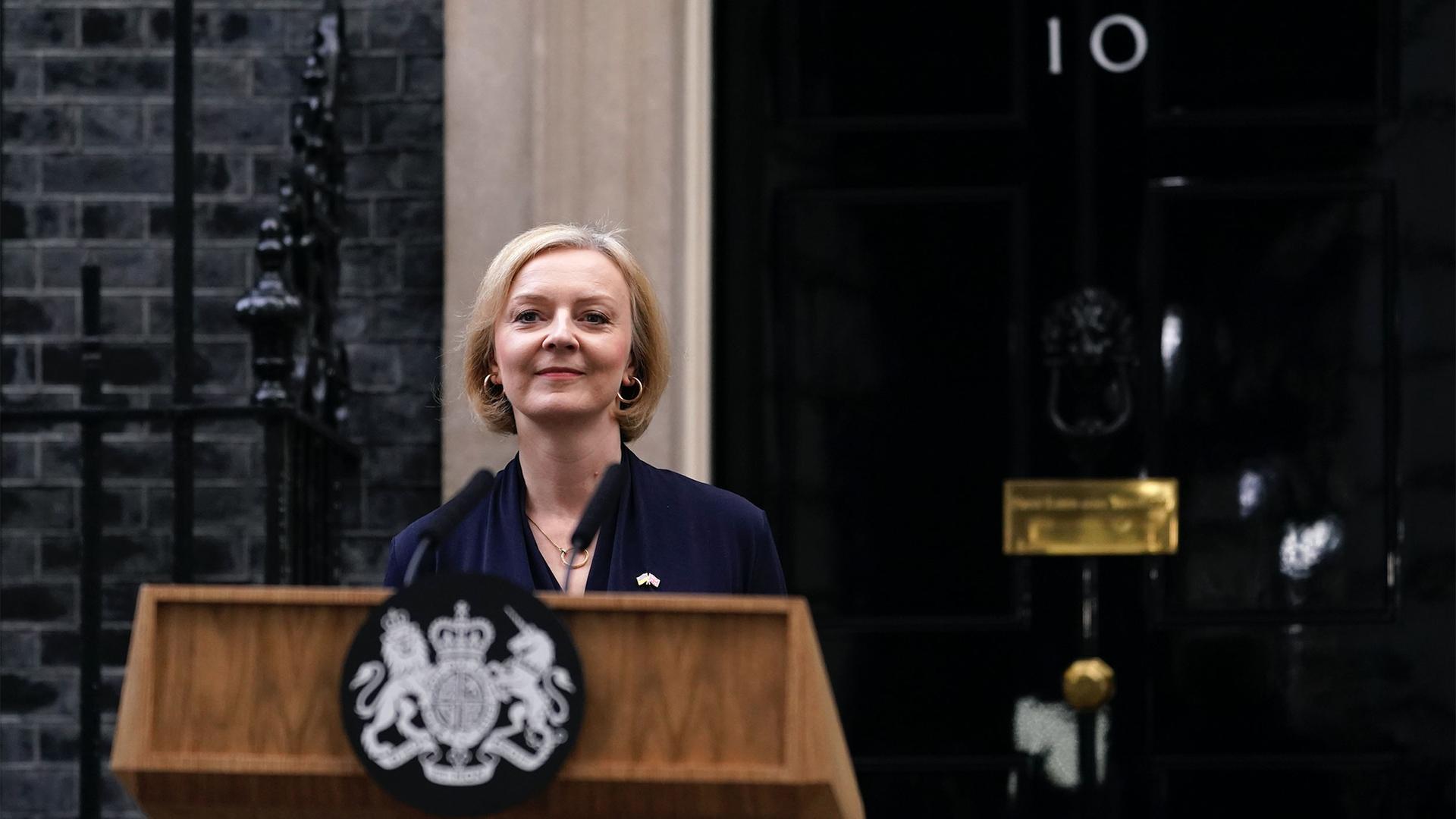Britain's Prime Minister Liz Truss addresses the media at 10 Downing Street in London