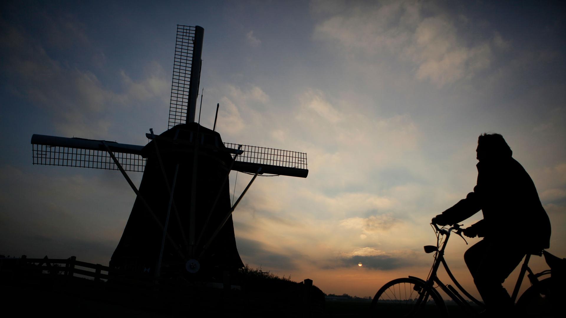 A woman rides her bicycle toward Broekzijdse Molen windmill as the sun sets between the villages of Abcoude and Driemond, near Amsterdam, Netherlands, Saturday Oct. 29, 2011.