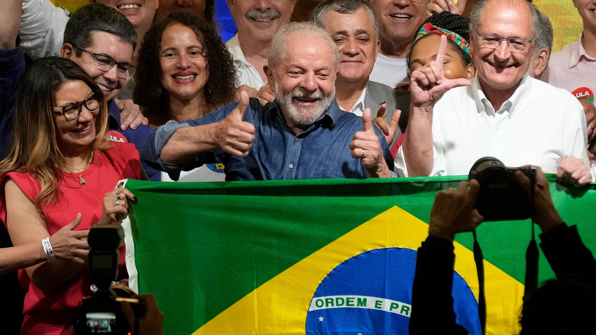 Luiz Inacio Lula da Silva celebrates with his wife Rosangela Silvaand running mate Geraldo Alckmin after defeating incumbent Jair Bolsonaro in a presidential run-off to become the country's next president, in Sao Paulo, Brazil