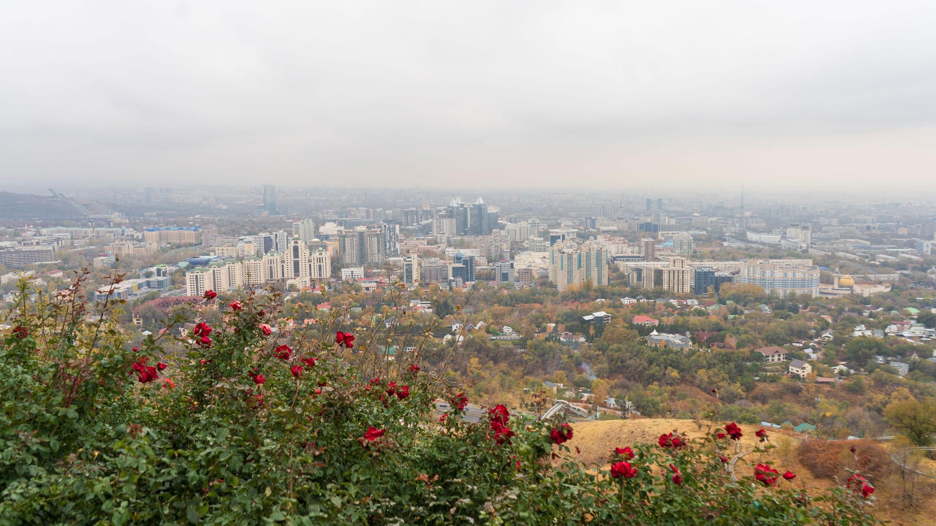 A view of Almaty from Kok Tobe Park, a popular hilltop tourist attraction accessible by cable car.